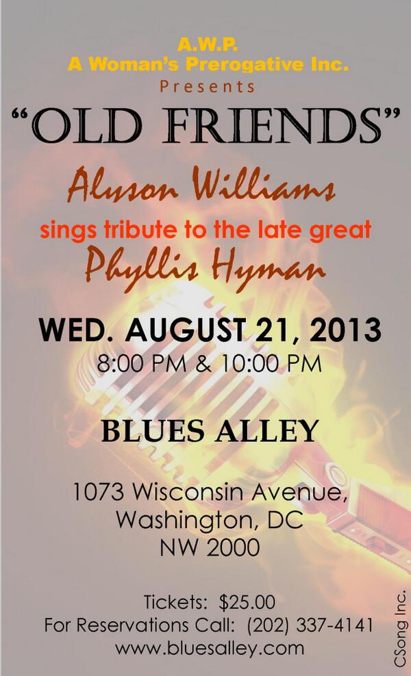 TONIGHT!
Tribute to the late great Phyllis Hyman.
bluesalley.com