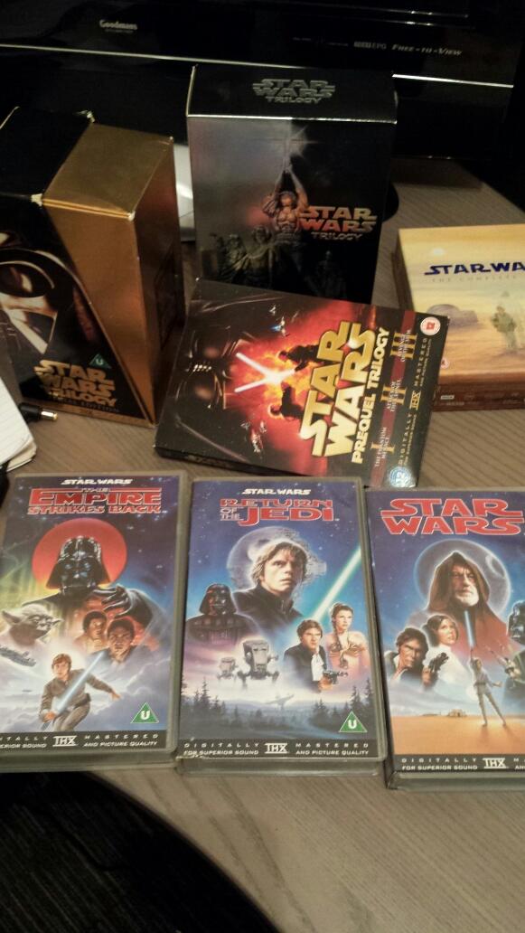 JakeEHoward23's tweet photo. Finally got my starwars stash from my mothers every think from 1979 VHS to the blu-rays XD #starwars #geek http://t.co/KDbxPfADO9