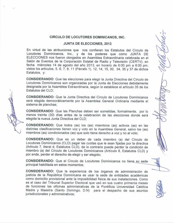 juntacld2013's tweet photo. Página 1 de 4. Resolución No. 01-2013 de fecha 21 de agosto de 2013. JUNTA DE ELECCIONES, 2013, CLD. http://t.co/1f7Vojyx09