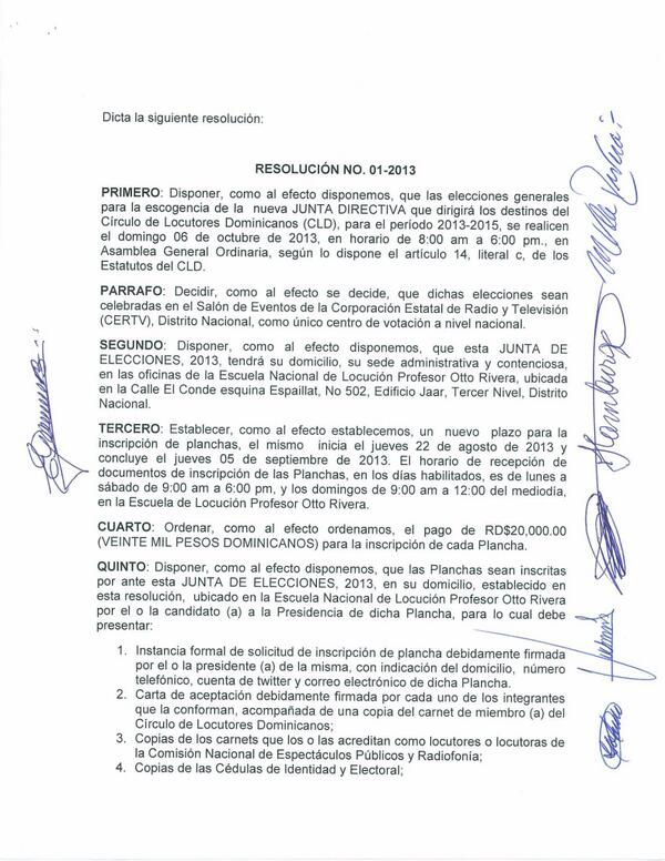 juntacld2013's tweet photo. Página 2 de 4. Resolución No. 01-2013 de fecha 21 de agosto de 2013. JUNTA DE ELECCIONES, 2013, CLD. http://t.co/iDgl7IjtAQ
