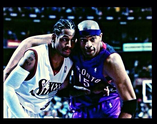 IconicSports's tweet photo. Iverson and Vince Carter during their legendary playoff duel, 2001. http://t.co/PSFqvsC90c