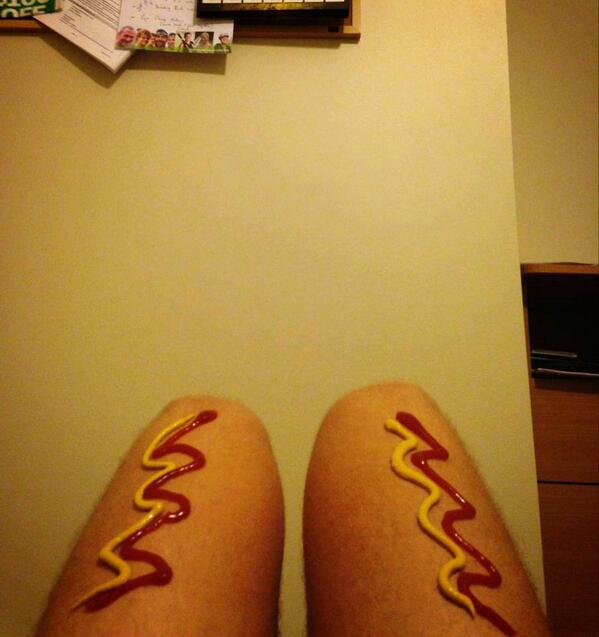 LegsOrHotdog's tweet photo. Obviously Hot dogs. I mean you can see the ketchup and mustard. http://t.co/yVG0DXfroH
