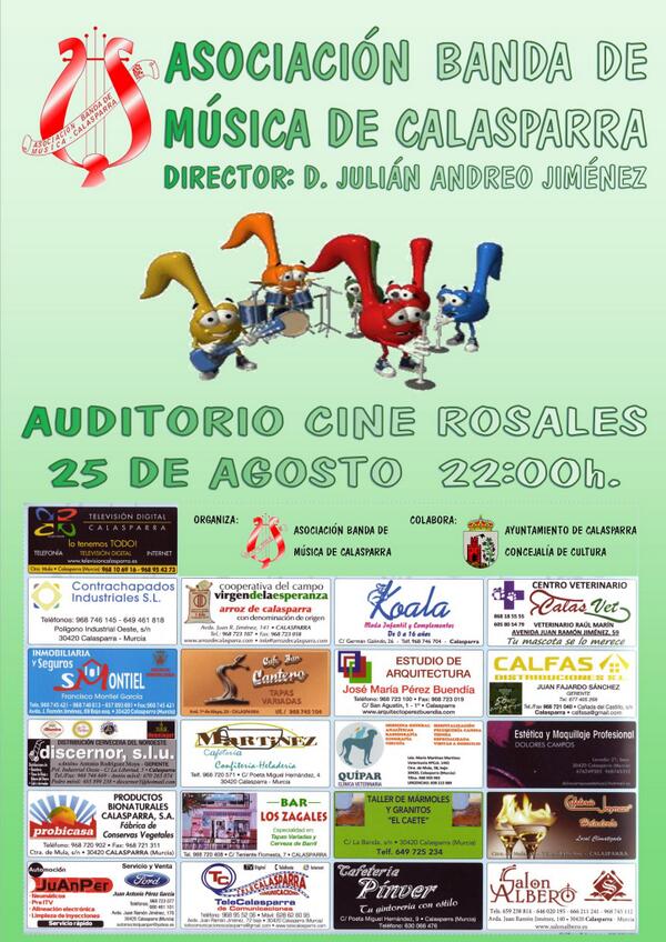 BandaCalasparra's tweet photo. ASOCIACIÓN BANDA DE MÚSICA DE CALASPARRA
25 DE AGOSTO DE 2013
22H. CINE ROSALES.
NO TE LO PIERDAS. http://t.co/9JdkZ4FNdJ