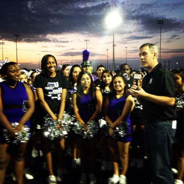 kwtx's tweet photo. Brady with the cheerleader interview. And look at that beautiful skyline #spiritweek13 http://t.co/naQ6cPyW8q