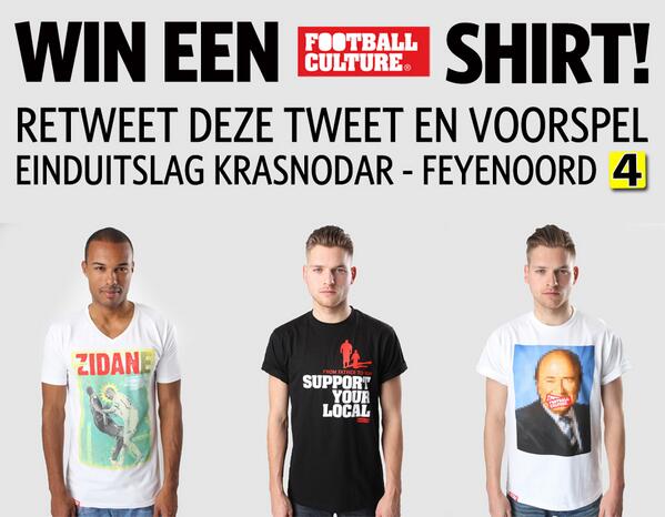 WIN één van de übervette shirts van <a href="/FootballCulture/">FootballCulture</a>!

RT deze tweet en voorspel einduitslag van Krasnodar-Feyenoord!