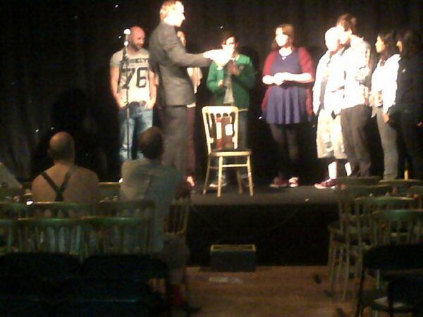 PekkaStrange's tweet photo. Small house 2day due 2 no flyers. Fred Strangebone invited whole audience on stage. Neil+Dan watch #EdFringe http://t.co/5WTwCFvc3d