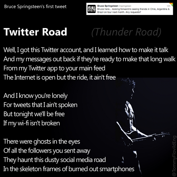 TommyFlovildEng's tweet photo. TWITTER ROAD
Inspired by Bruce Springsteen's first tweet 2 days ago!
@jakeclemons @nilslofgren @springsteen #twitter http://t.co/K2iHyqMjc9