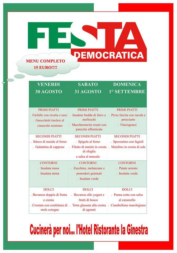 PdRecanati's tweet photo. Menù #FestaPD Recanati http://t.co/qRYEbRzhzk
