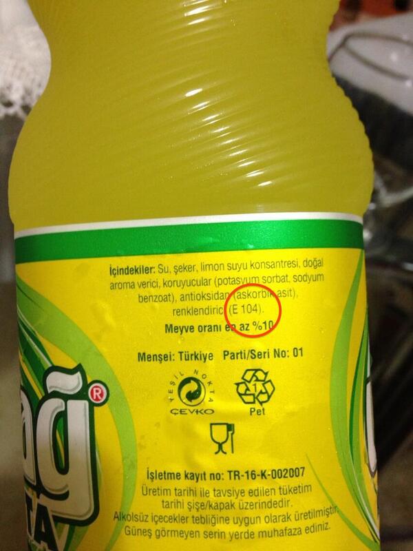 TuhafAmaGercek's tweet photo. Uludağ Limonata içmeyin çünkü içinde sağlığımıza zararlı E104 renklendirici var.

RT YOLUYLA YAYALIM LÜTFEN! http://t.co/ihUA6sQJGg