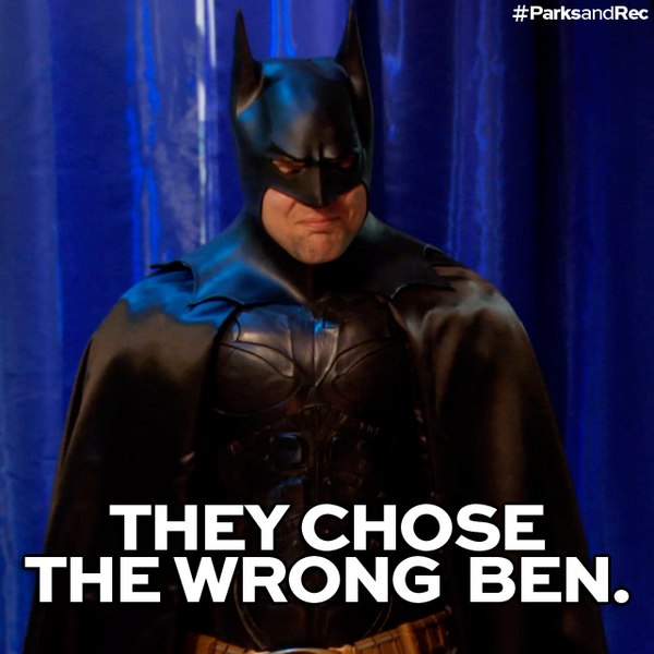 parksandrec's tweet photo. Gotham still needs you, Ben Wyatt. #ParksandRec #BenWyattForBatman http://t.co/g0BghJBb4a