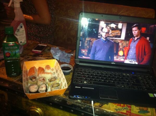 LouciousStorm's tweet image. Sushi, Aloe Water and an Episode of #TheNewNormal while all the girls set up before work! :-) #TheBoxSoho x
