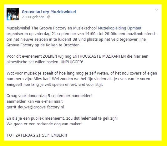 Groovefactory's tweet photo. Muziekwinkel The Groove Factory organiseert op zaterdag 21 september een muzikantenfestival tegenover de winkel! http://t.co/jTcYVC37Zw