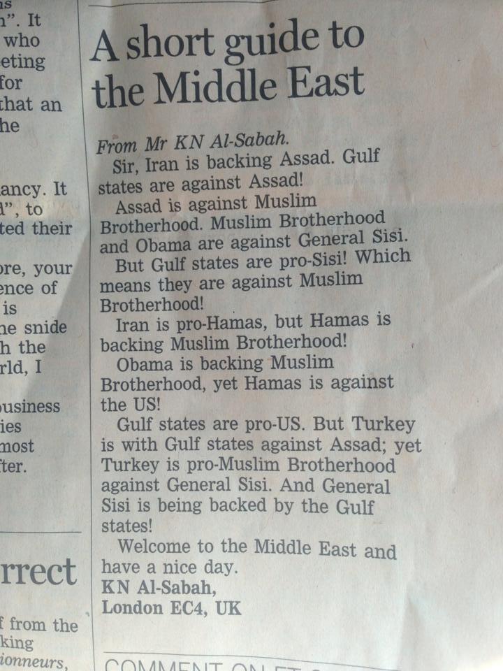 Letter to the editor of a London newspaper (trying to track that down), explaining who is who and who is whose enemy, in the Middle East.