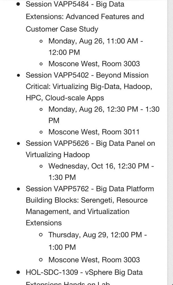 VirtualHadoop's tweet image. Lots of #BigData Sessions at #VMworld2013 @vmware @RichardMcDougll