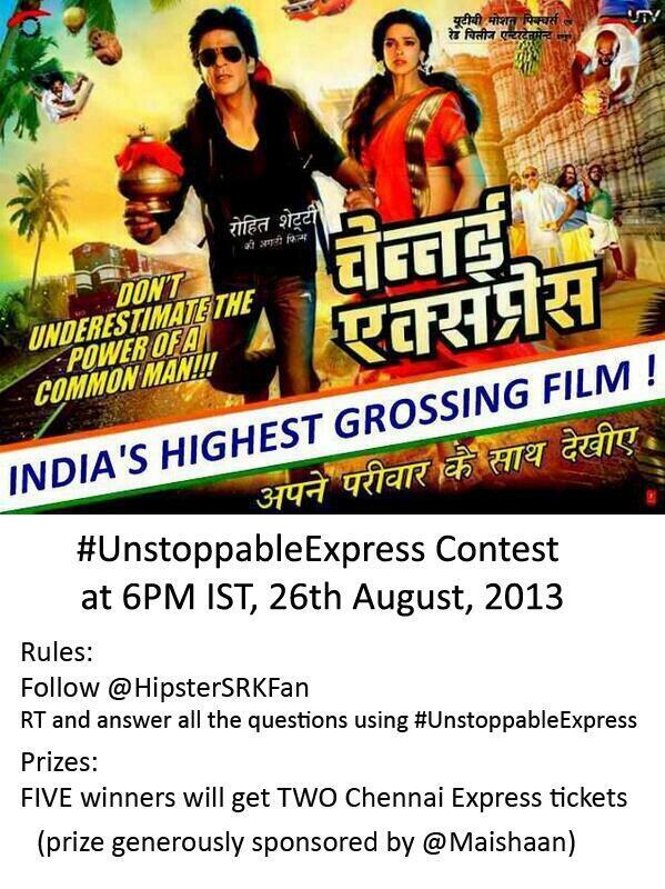 SRKUniverse's tweet photo. #UnstoppableExpress Contest from 6:00 pm today conducted by @HipsterSRKFan . More Details Here -> http://t.co/6McjITEyns