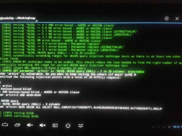 stamparm's tweet image. Running sqlmap on my big plasma TV #linuxonandroid