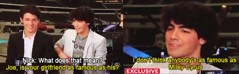 thenileyfacts's tweet photo. —E: ¿Tu novia es mas famosa que la de el (Nick)? Joe: Nadie es mas famosa que Miley Cyrus. *Risas*. 2009. #TNF http://t.co/oKTkCRLdU9