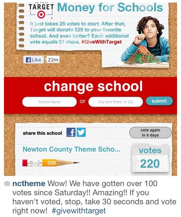 NCTS09's tweet photo. Wow! 220 votes! Keep voting!! Awesome job but don't stop! Target is giving away $5 million! Let's get it! http://t.co/uDWGAuWOO4