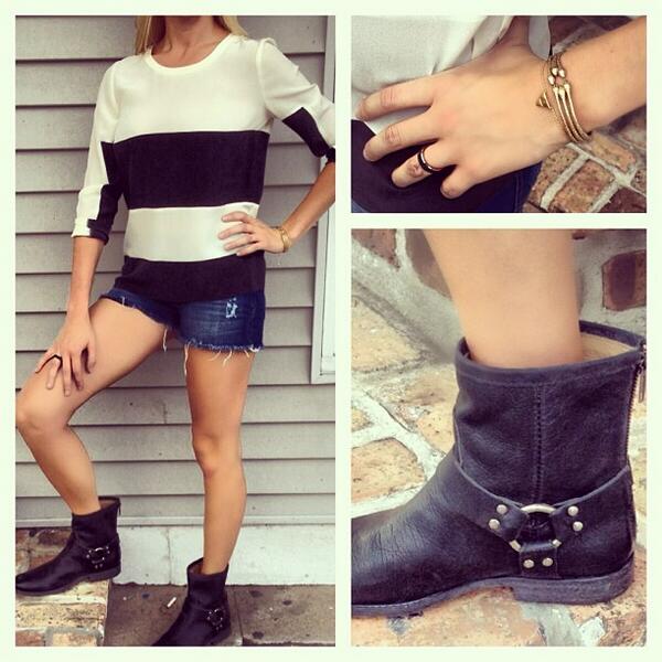 Let your summer shorts live on into Fall! B&amp;W stripe blouse by <a href="/pjkcollection/">PJK</a> and booties by #frye! #fall #fashio...