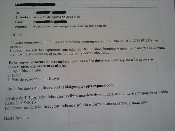 _JaviReyes_'s tweet image. Captación de víctimas &quot;#muleros&quot;, ahora desde supuestas cuentas de correo oficiales #Estafa. Por tu #Seguridad