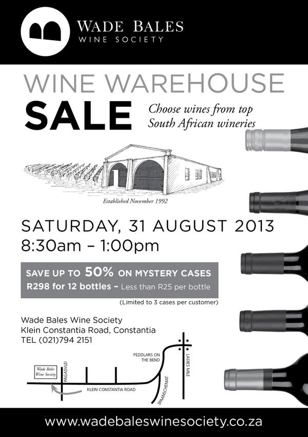 RelaxWithDax's tweet photo. It's the Wade Bales Wine Warehouse sale on Saturday. Pick up top wines for as little as R25 per bottle | @WadeBales http://t.co/usEQEMsEuD