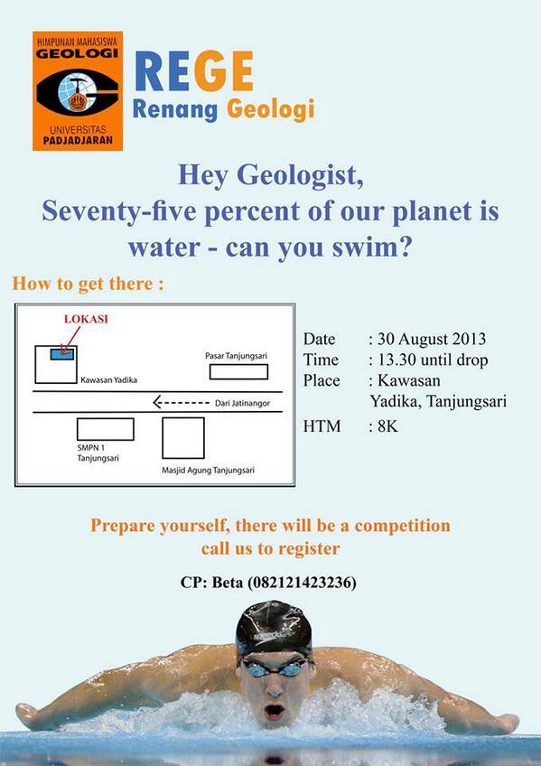MIBA_HMG's tweet photo. @GeoUnpad Renang Geologi, Jumat 30 agustus pukul 13.30 @ Kawasan Yadika tanjungsari. CP : @betakurnia @IrwanPernando http://t.co/entt7MkMSm