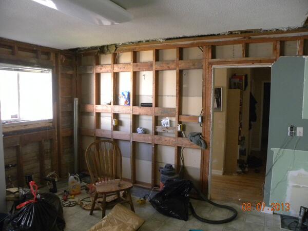 The kitchen completely gutted...