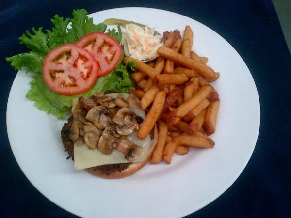 AntigonishCafe's tweet photo. Tonight's dinner feature is our Prime Rib Burger, topped with sauteed mushrooms, Swiss cheese, lettuce and tomato http://t.co/KLpieDCz82