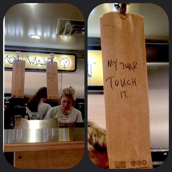 JustChrisSabat's tweet photo. Every time I go to @whichwich I like to add a naughty message to the back of the bag that the employees never see. http://t.co/y37eeINbll