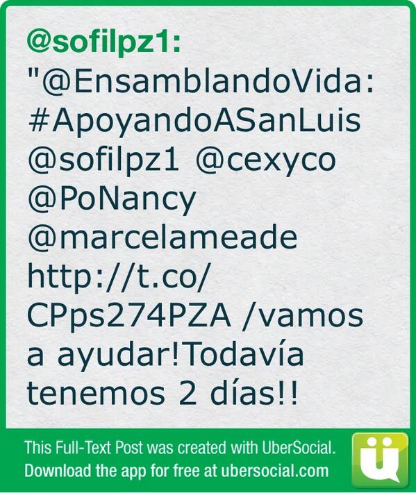 "@EnsamblandoVida: #ApoyandoASanLuis <a href="/sofilpz1/">......</a> <a href="/cexyco/">Cecilia Compeán</a> <a href="/PoNancy/">nancy puente</a> <a href="/marcelameade/">Marcela Meade</a>  (cont)