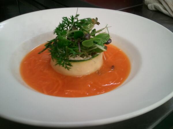 Spiced crab, shallot ,chilled carrot and aniseed broth, pickeled cucumber