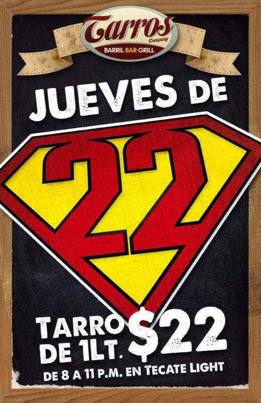 TarrosCompany's tweet photo. Nuestra nueva promo de jueves, a partir de mañana, JUEVES DE 22!!! http://t.co/APq8X4ABHz