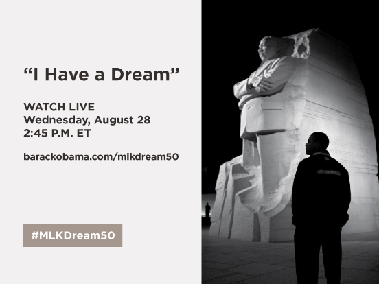 BarackObama's tweet photo. Tune in today: #MLKDream50 http://t.co/5kkz8Q7YTg