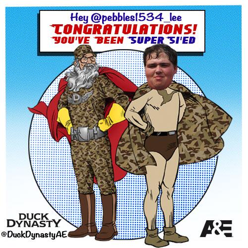 DuckDynastyAE's tweet photo. @pebbles1534_lee You look good with a cape! #SiKick #DuckDynasty http://t.co/9ED2C5q4dq