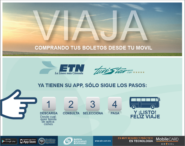 Addcel's tweet photo. #Descargar el #App de #ETN y #Compra tus #Boletos desde tu dispositivo móvil! Tan solo reserva, paga y aborda! + Info http://t.co/usV9nsqB3b