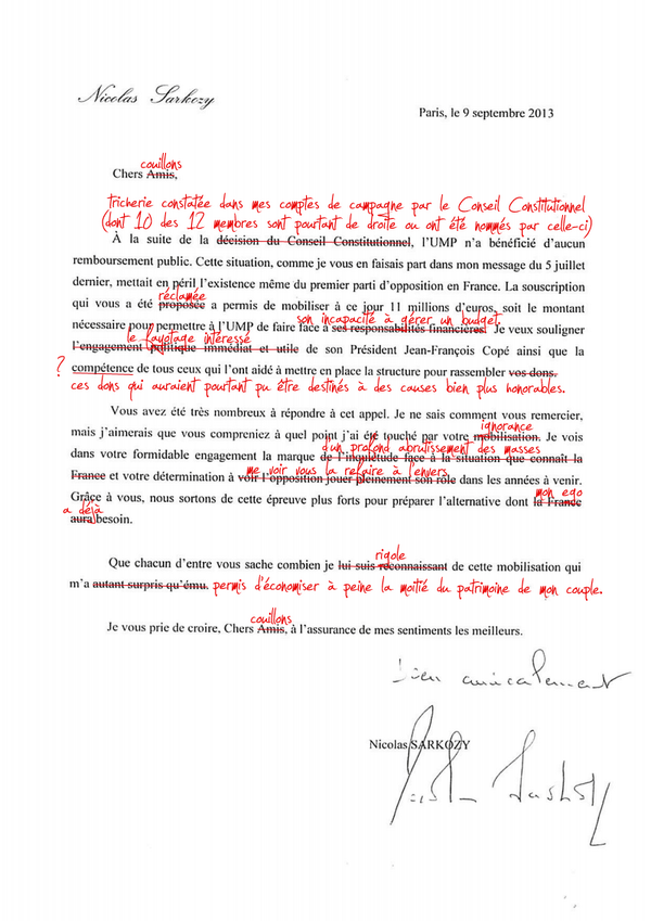 PetulaMoore's tweet photo. Je me suis permis de corriger la lettre envoyée par Sarkozy aux donateurs de l'UMP. http://t.co/h3L7QJxbhG