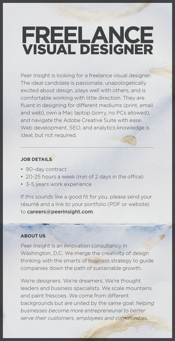 thedesign_nomad's tweet photo. Looking for contract work? @peerinsight is looking for a freelance visual designer. Interested? DM me. Details: http://t.co/0cDbSktsEB