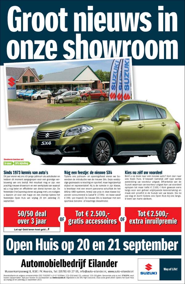 AutoEilander's tweet photo. Heeft u het al gelezen in de krant? Zo niet, kijk voor meer info naar de flyer! #feest #Suzuki #jarig http://t.co/6lPGgwR9iY