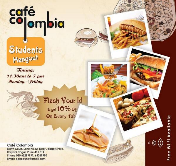 ColombiaPune's tweet photo. Students Offer !!
Flash your id and get 10% off on every table.
Offer valid from Monday to Friday - 11:30 am to 6 pm http://t.co/vppyMnfOYE