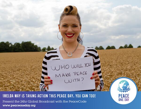 PeaceOneDay's tweet image. .@ImeldaOfficial is taking part for #PeaceDay, you can too with the #PeaceCode! Please share! peaceoneday.org/2013-celebrati…