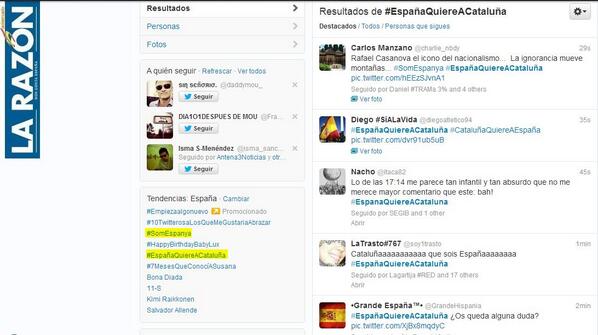 larazon_es's tweet photo. ¿Lo habéis visto? #EspañaQuiereACataluña también es TT en España junto a #SomEspanya. Bona Diada. http://t.co/xN9iLBwS5k