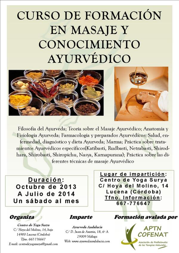 CENTROYOGASURYA's tweet photo. Curso de formación en Ayurveda en Centro de Yoga Surya http://t.co/j3HIS4dmS0
