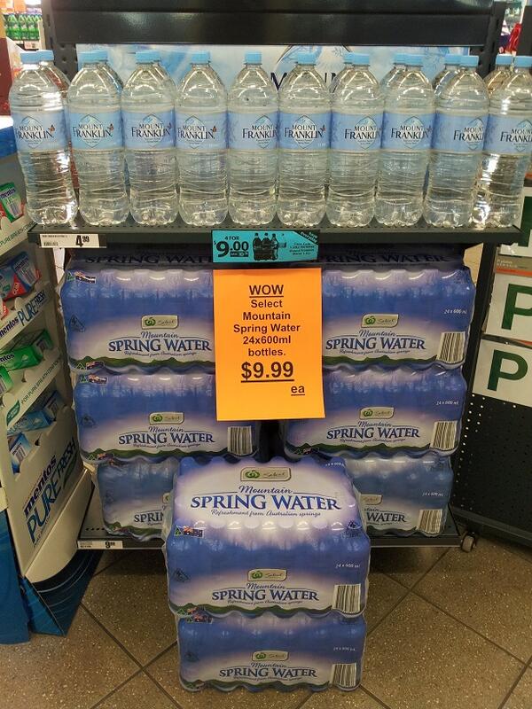 CliveWakeham's tweet photo. Giving the customers an option of either 4 Mt Franklin 1.5lt bottles for $9 OR 24 Wow Select water for $9.99 http://t.co/4KGAVjD5PW