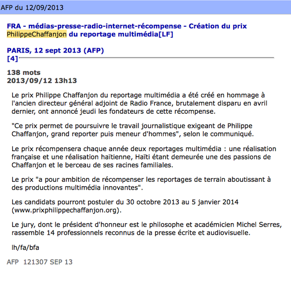 PrixChaff's tweet photo. AFP - 12/09/2013 médias-presse-radio-internet-récompense Création du prix Philippe Chaffanjon du reportage multimédia http://t.co/MMFFLXQeZO