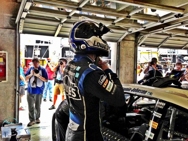allyracing's tweet image. .@JimmieJohnson is getting suited up for Second Practice. Who's ready to see JJ shoot up the Leaderboard?! #lowes48