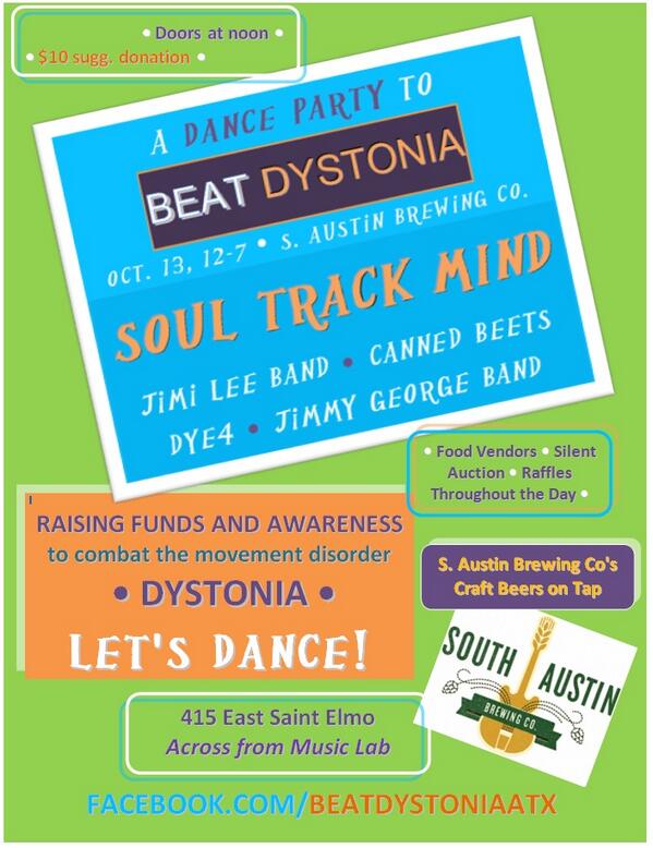 BeatDystoniaATX's tweet photo. Welcome! We're throwing a 5-band dance party to raise awareness &amp; funds to combat #dystonia. Join us! #firsttweet http://t.co/May84FG8BE