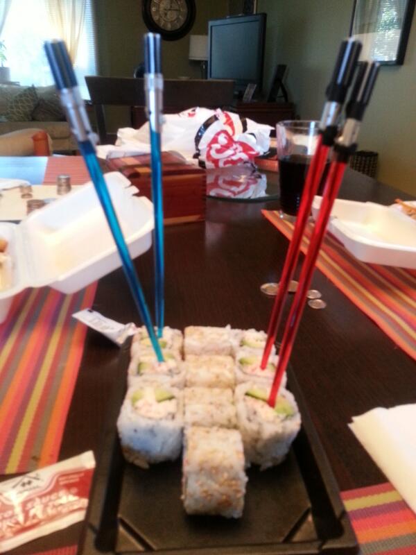 RLDever's tweet image. Busted out the #StarWars chopsticks tonight.  #geekdinner!