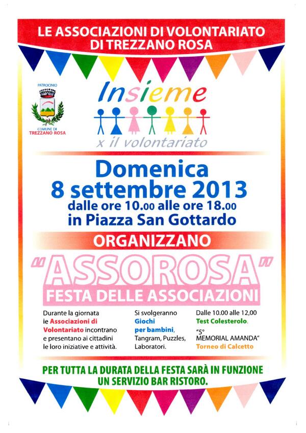 AcliTrezzano's tweet photo. Domenica prossima "FESTA DELLE ASSOCIAZIONI", in piazza San Gottardo a Trezzano Rosa. http://t.co/QtRpa4VqMy