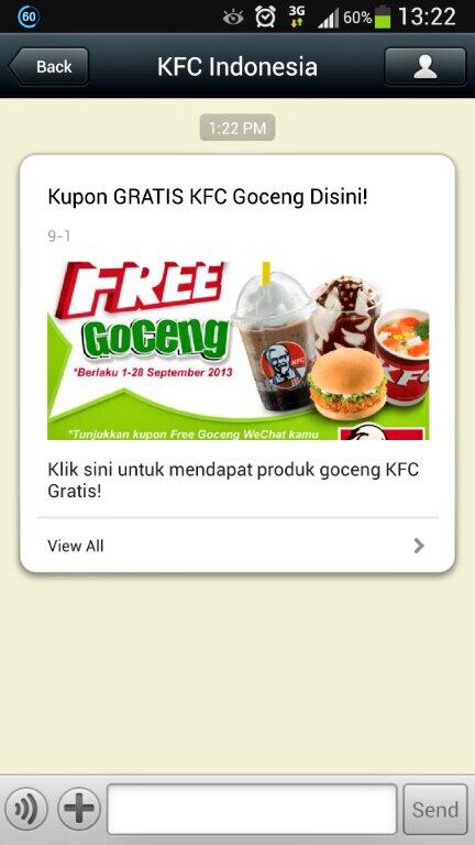 arievrahman's tweet image. Cuma mau kasih tau, kalau gue tadi abis follow KFC Indonesia di #WeChatID dan langsung dapat voucher!