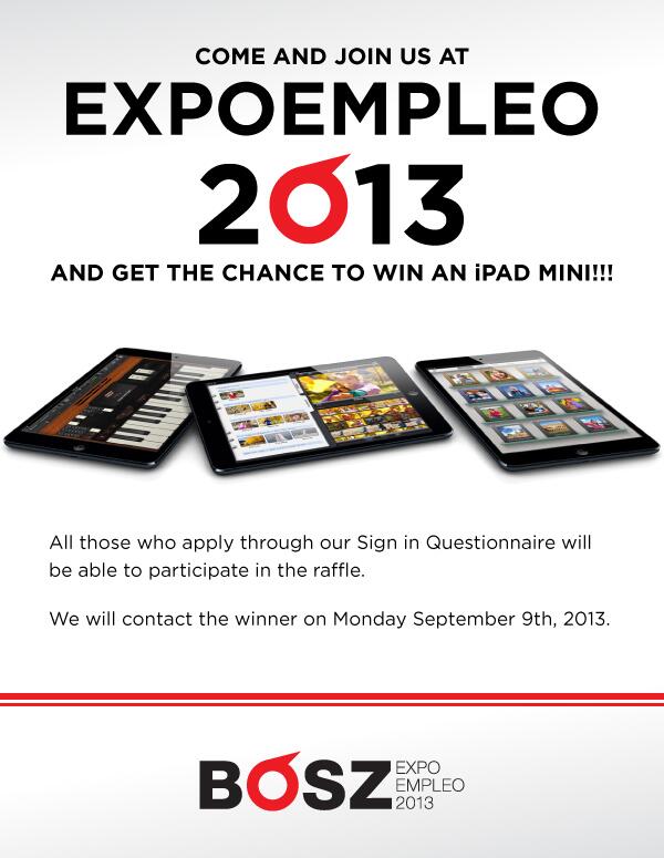 BoszDigital's tweet photo. Join us at #Expoempleo2013 and get the chance to win an ipad Mini. #AntiguaAduana, stand 228 http://t.co/R3bczmuS25